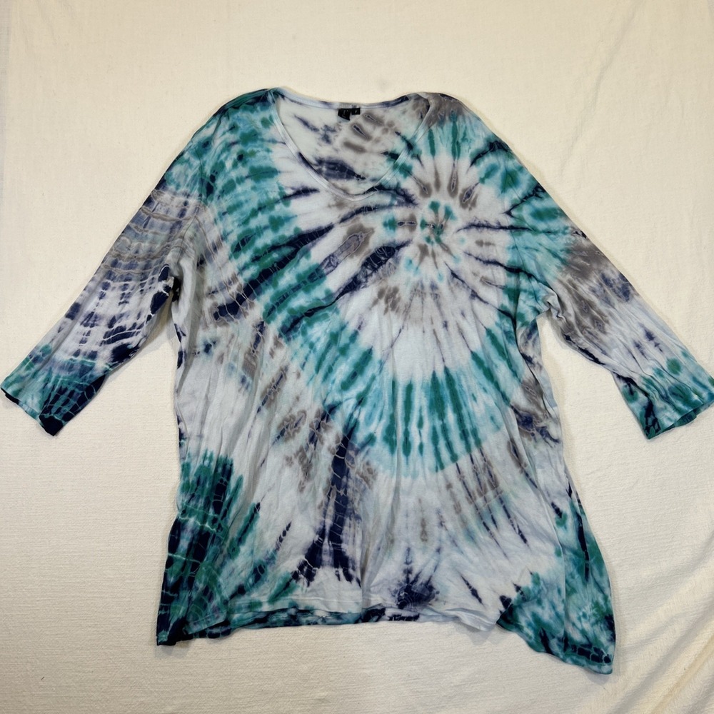 MIB Making it Big Women Tye Dye Shirt F 3XL Navy Teal 100% Cotton 3/4 Sleeve